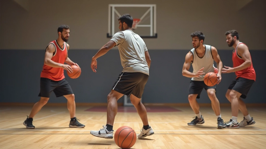 لاعب كرة سلة يمارس تمارين التمرير والتحكم بالكرة مع زملائه